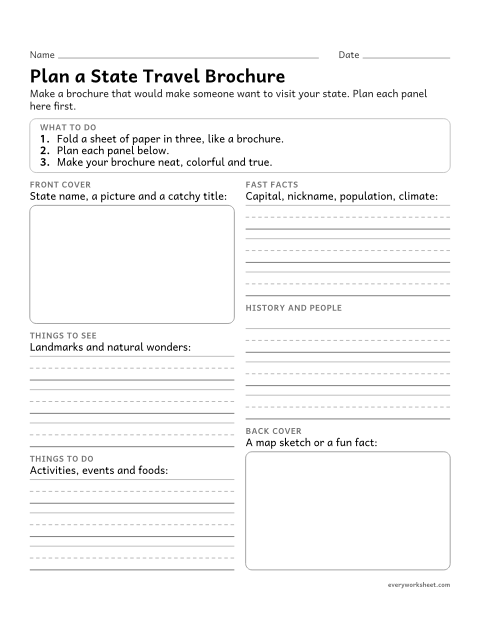 Preview of the printable “State brochure project planner for 4th grade” worksheet: planning a travel brochure that presents research about a state