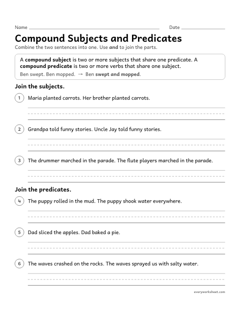 Preview of the printable “Compound subjects and predicates” worksheet: combining sentences with a compound subject or a compound predicate