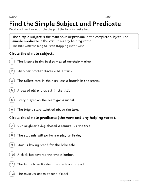 Preview of the printable “Find the simple subject and predicate” worksheet: finding the simple subject (the main noun) and the simple predicate (the verb and any helping verbs)