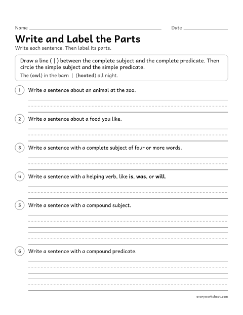 Preview of the printable “Write and label the parts” worksheet: writing complete sentences and labeling the subject, predicate, simple subject, and simple predicate