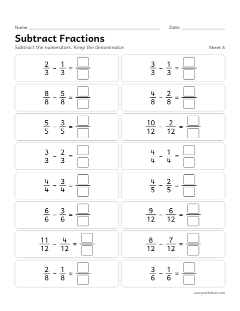 Preview of the printable “Subtract Fractions, sheet A” worksheet: subtracting fractions with like denominators less than or equal to 1