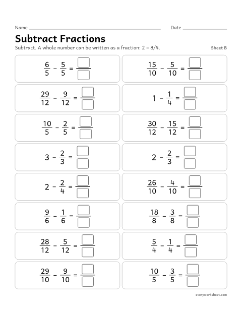 Preview of the printable “Subtract Fractions, sheet B” worksheet: subtracting fractions with like denominators from fractions greater than 1 and from whole numbers