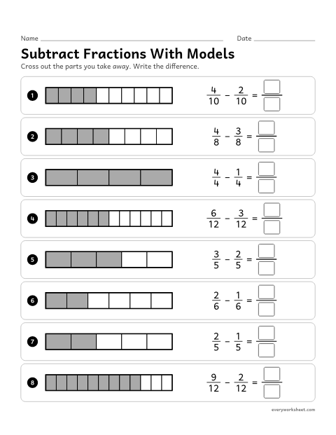 Preview of the printable “Subtract fractions with models” worksheet: subtracting fractions with like denominators by crossing out parts of the same whole
