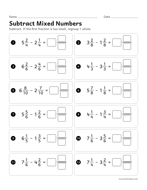 Preview of the printable “Subtract mixed numbers” worksheet: subtracting mixed numbers with like denominators, regrouping a whole when the first fraction is smaller