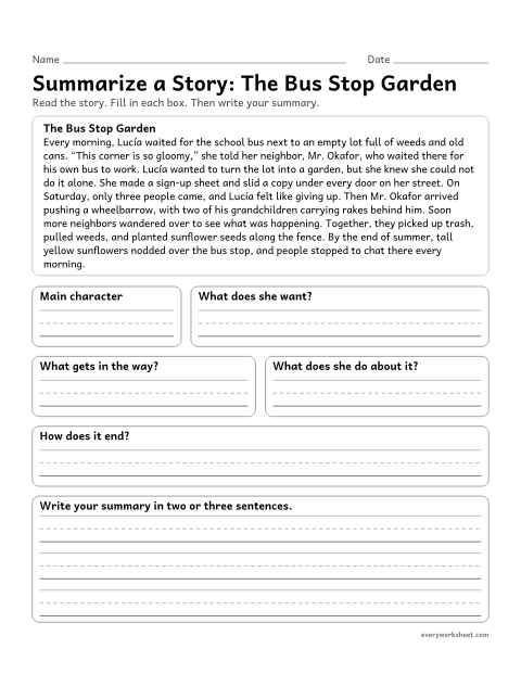 Preview of the printable “Summarize a Story: the bus stop garden” worksheet: using the main character, goal, problem, actions, and ending to write a short summary of a story