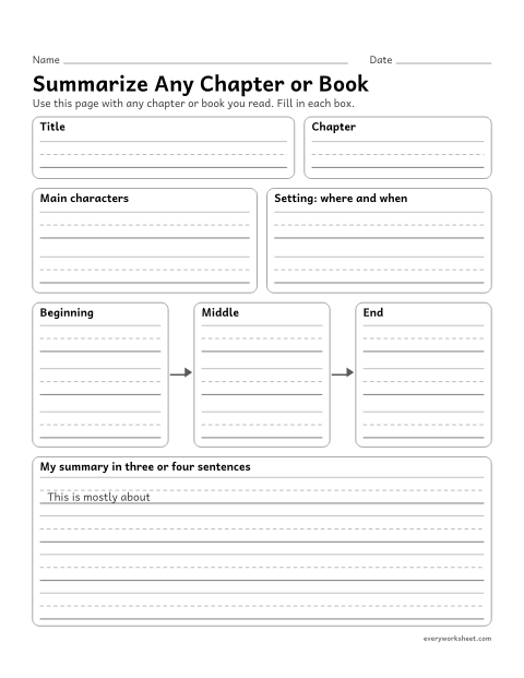 Preview of the printable “Summarize any chapter or book” worksheet: planning and writing a summary of any chapter or book