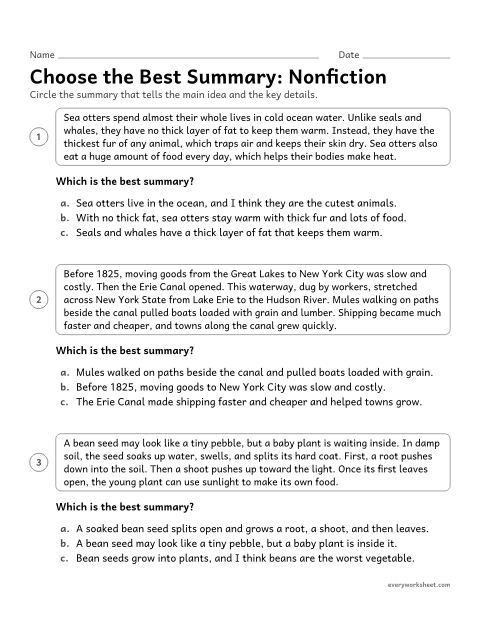 Preview of the printable “Choose the best Summary: nonfiction” worksheet: choosing the best summary of a short informational text