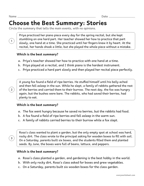 Preview of the printable “Choose the best Summary: stories” worksheet: choosing the best summary of a short story over one that is too detailed, misses the point or adds an opinion