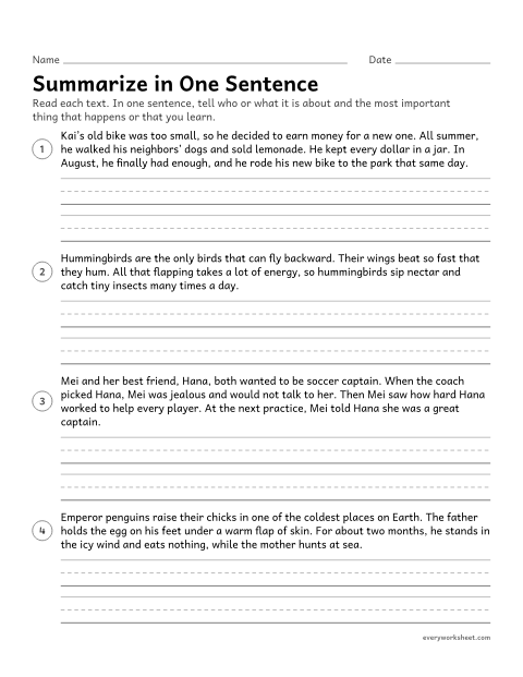 Preview of the printable “Summarize in one sentence” worksheet: writing a one-sentence summary of a short story or nonfiction text