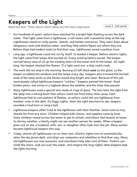Preview of the printable “Keepers of the light” worksheet: finding the main idea of a nonfiction text, choosing what to leave out and writing a short summary