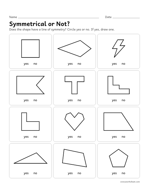 Preview of the printable “Symmetrical or Not?” worksheet: deciding whether a shape has a line of symmetry and drawing one when it does