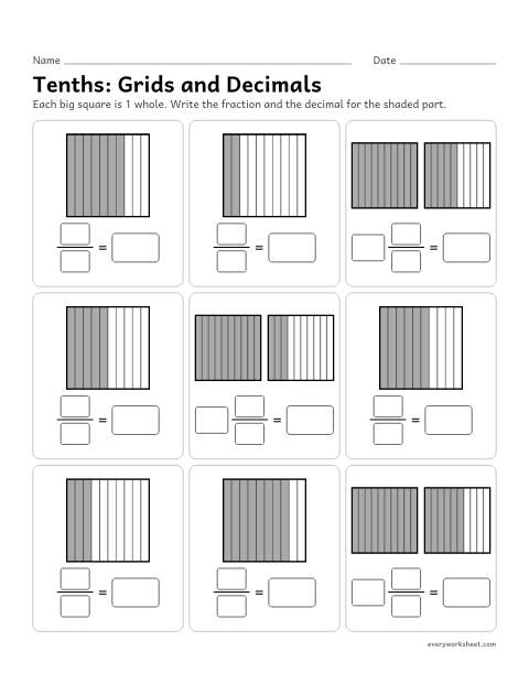 Preview of the printable “Tenths: grids and decimals” worksheet: writing the fraction and the decimal for tenths shown on grids cut into 10 equal parts