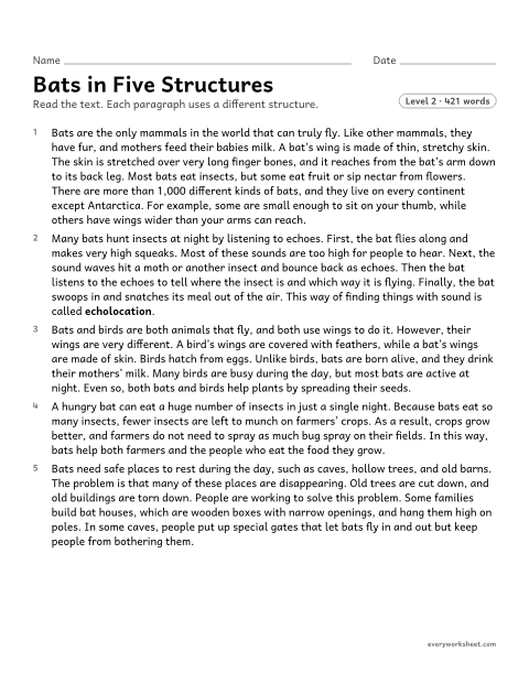 Preview of the printable “Bats in five structures” worksheet: identifying the text structure of each paragraph in a longer nonfiction text