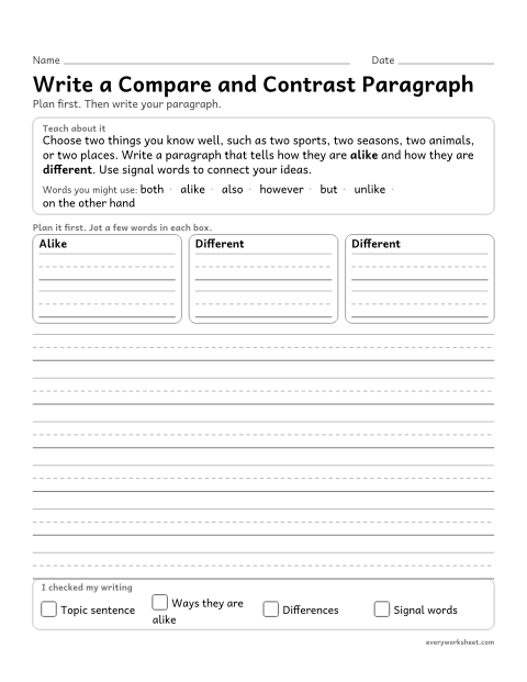 Preview of the printable “Write a compare and contrast paragraph” worksheet: writing an informative paragraph with a compare and contrast structure