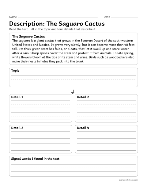 Preview of the printable “Description: the saguaro cactus” worksheet: using a description organizer to record a topic and its key features