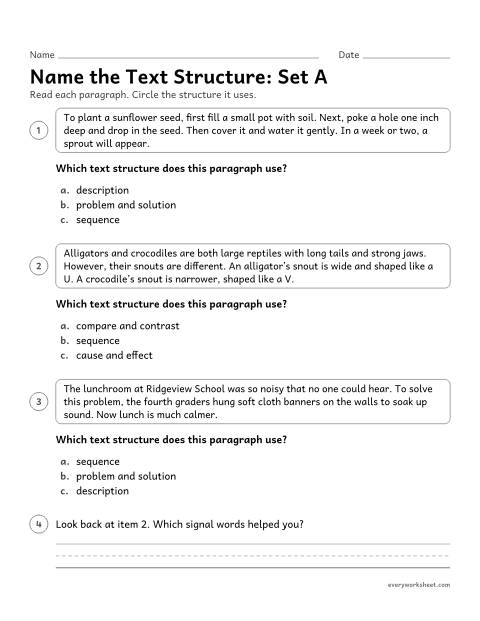Preview of the printable “Name the text Structure: set A” worksheet: identifying the text structure of a short nonfiction paragraph and the signal words that show it