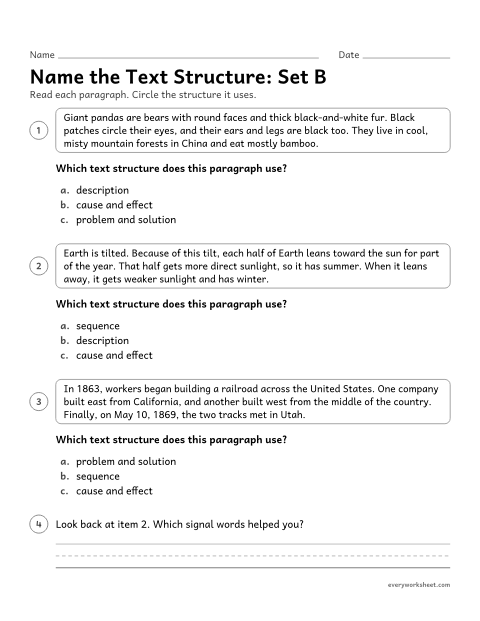 Preview of the printable “Name the text Structure: set B” worksheet: identifying the text structure of a short nonfiction paragraph and the signal words that show it