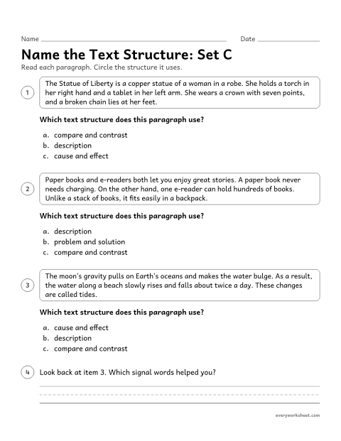Preview of the printable “Name the text Structure: set C” worksheet: identifying the text structure of a short nonfiction paragraph and the signal words that show it