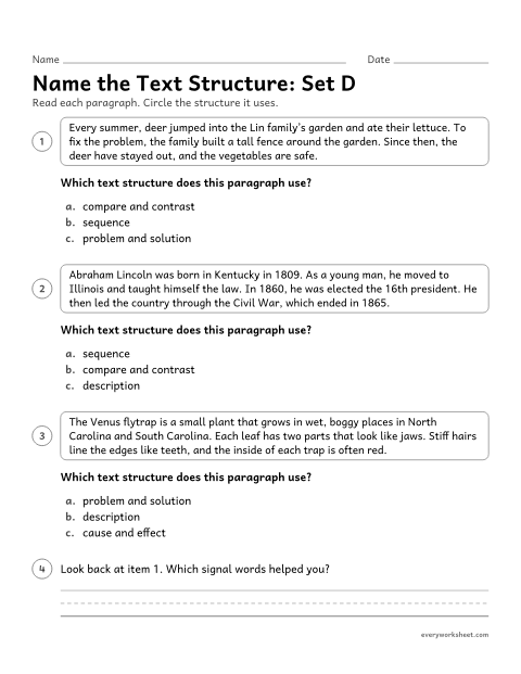 Preview of the printable “Name the text Structure: set D” worksheet: identifying the text structure of a short nonfiction paragraph and the signal words that show it