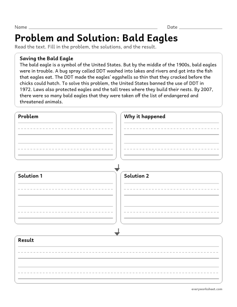 Preview of the printable “Problem and Solution: bald eagles” worksheet: using a problem and solution organizer to record a problem, its cause, the solutions, and the result