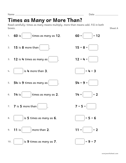Preview of the printable “Times as many or more Than?, sheet A” worksheet: telling multiplicative comparison from additive comparison