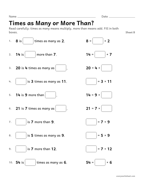 Preview of the printable “Times as many or more Than?, sheet B” worksheet: telling multiplicative comparison from additive comparison