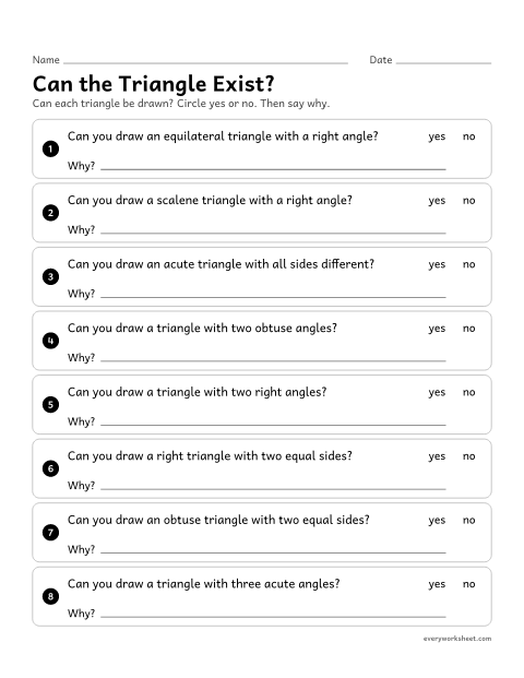 Preview of the printable “Can the triangle Exist?” worksheet: reasoning about which mixes of side types and angle types can make a triangle