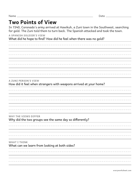 Preview of the printable “Explorers point of view Writing: two sides of one story” worksheet: explaining how people at the same event saw it differently