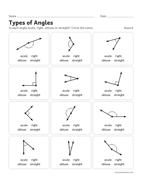 Preview of the printable “Types of Angles, sheet B” worksheet: naming turned angles as acute, right, obtuse or straight