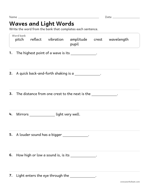Preview of the printable “Waves and light vocabulary worksheet” worksheet: using vocabulary about waves, sound and light in context