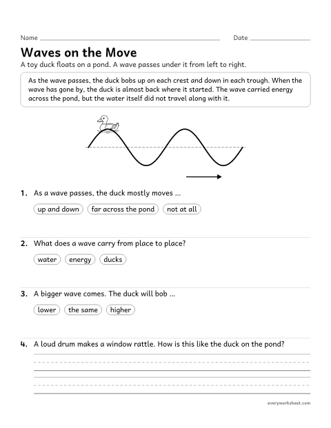 Preview of the printable “Waves can make objects move worksheet” worksheet: using a model of water waves to show that waves carry energy and can move objects