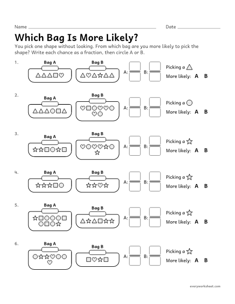 Preview of the printable “Which bag is more Likely?” worksheet: comparing chances as fractions to pick the better bag