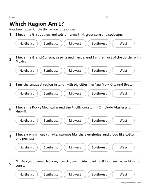 Preview of the printable “Regions of the united states Riddles: which region am I?” worksheet: identifying U.S. regions from clues about land, climate and resources
