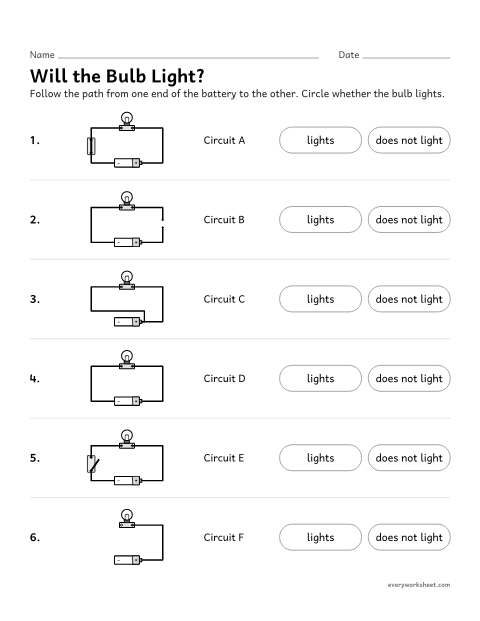 Preview of the printable “Will the bulb Light? circuits worksheet” worksheet: predicting whether a bulb lights by checking for a complete circuit