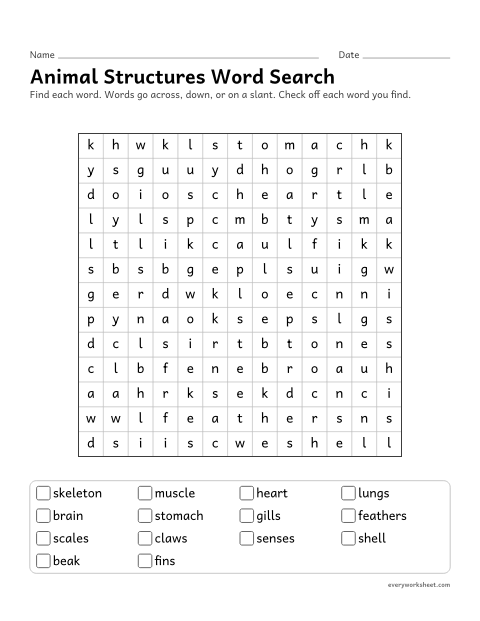 Preview of the printable “Animal structures word search” worksheet: reading and finding animal structure words (skeleton, lungs, senses)