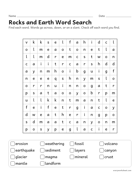 Preview of the printable “Rocks and earth word search” worksheet: reading and finding earth science words (erosion, fossil, volcano)