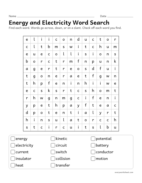 Preview of the printable “Energy and electricity word search” worksheet: reading and finding energy words (kinetic, circuit, battery)