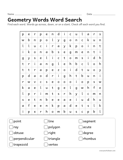 Preview of the printable “Geometry words word search” worksheet: reading and finding geometry words (ray, perpendicular, acute)