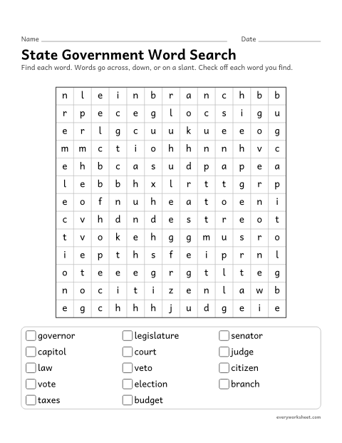 Preview of the printable “State government word search” worksheet: reading and finding state government words (governor, legislature, veto)