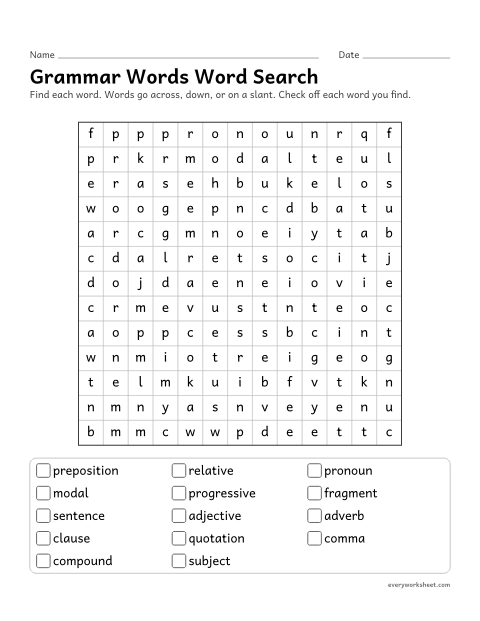 Preview of the printable “Grammar words word search” worksheet: reading and finding 4th grade grammar words (preposition, modal, fragment)