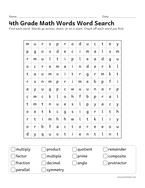 Preview of the printable “4th grade math words word search” worksheet: reading and finding 4th grade math words (quotient, remainder, protractor)