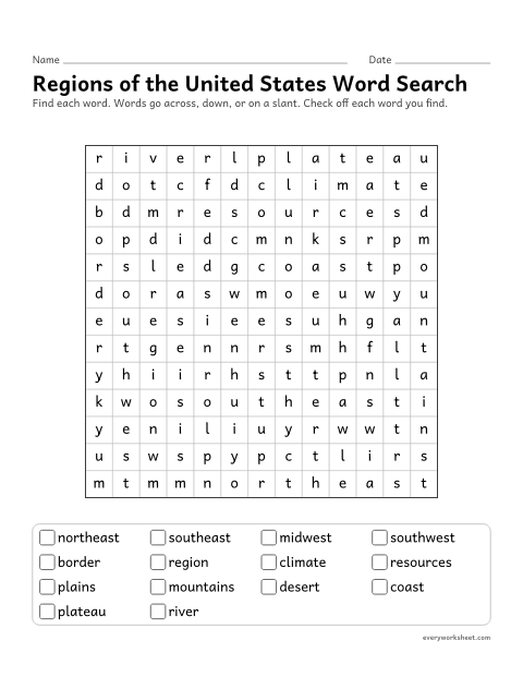 Preview of the printable “Regions of the united states word search” worksheet: reading and finding region and geography words (Northeast, Midwest, plateau)