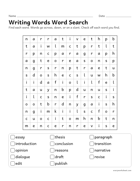 Preview of the printable “Writing words word search” worksheet: reading and finding writing process words (thesis, revise, transition)