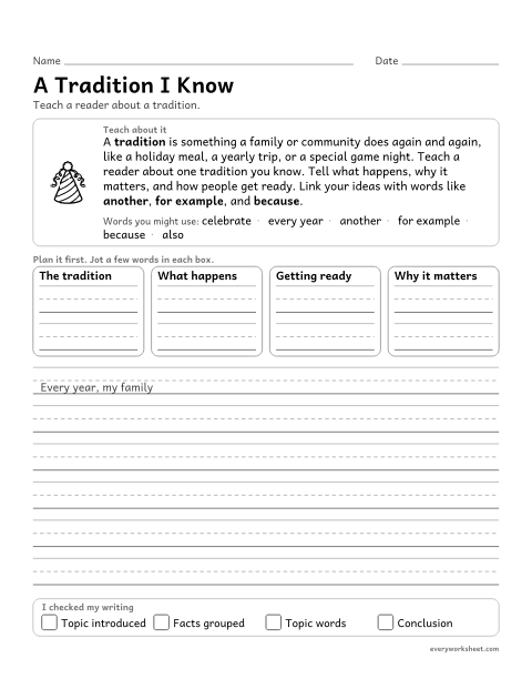 Preview of the printable “A tradition I know” worksheet: linking ideas within categories of information with words and phrases