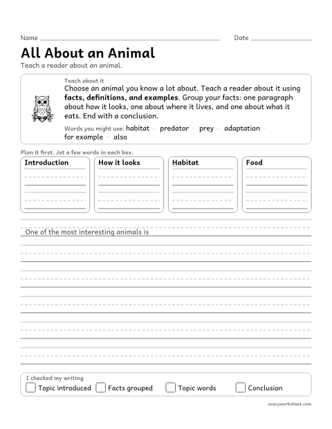 Preview of the printable “All about an animal” worksheet: developing a topic with facts, definitions, and details grouped in paragraphs