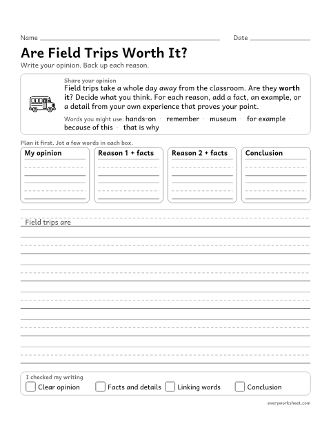 Preview of the printable “Are field trips worth It?” worksheet: supporting reasons with facts and details in an opinion piece