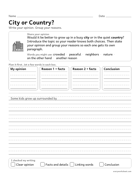Preview of the printable “City or Country?” worksheet: introducing a topic, stating an opinion, and grouping related reasons