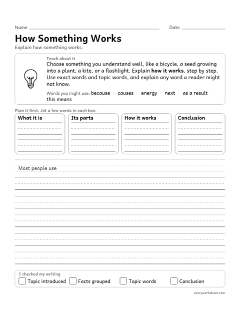 Preview of the printable “How something works” worksheet: using precise language and topic words to explain how something works