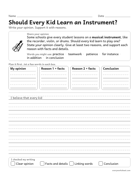 Preview of the printable “Should every kid learn an Instrument?” worksheet: writing an opinion piece supported by reasons and information
