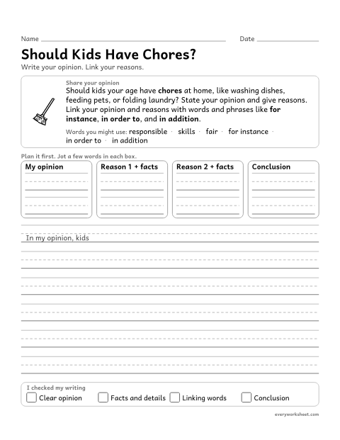 Preview of the printable “Should kids have Chores?” worksheet: linking an opinion and reasons with words and phrases